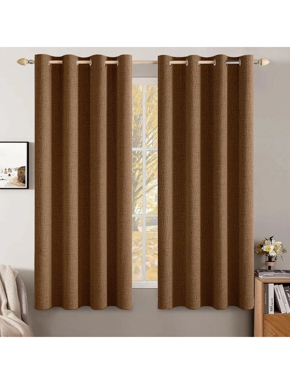 MIULEE 100% Blackout Linen Curtains for Bedroom 52x45 Inches Brown 2600/bb8-1